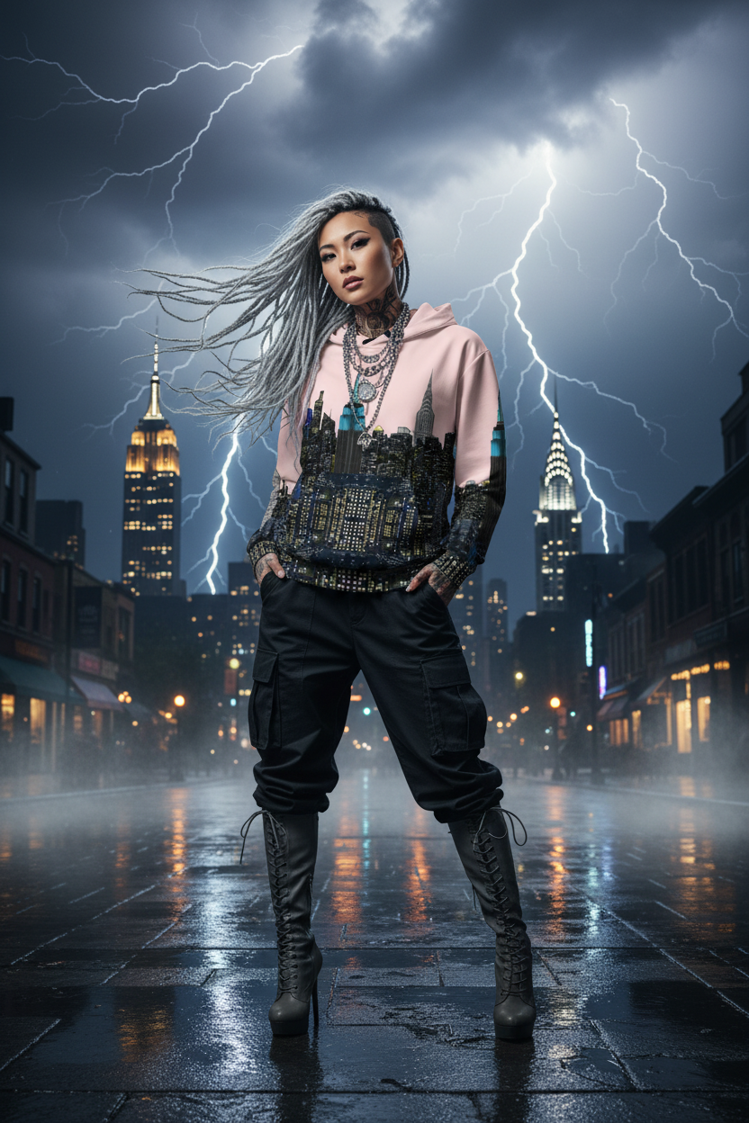 Person in stylish outfit with Loria NYC Art cityscape hoodie and lightning in background