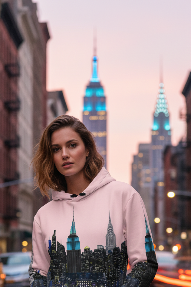 Woman wearing a hoodie with a Loria NYC Art cityscape design on a city street.