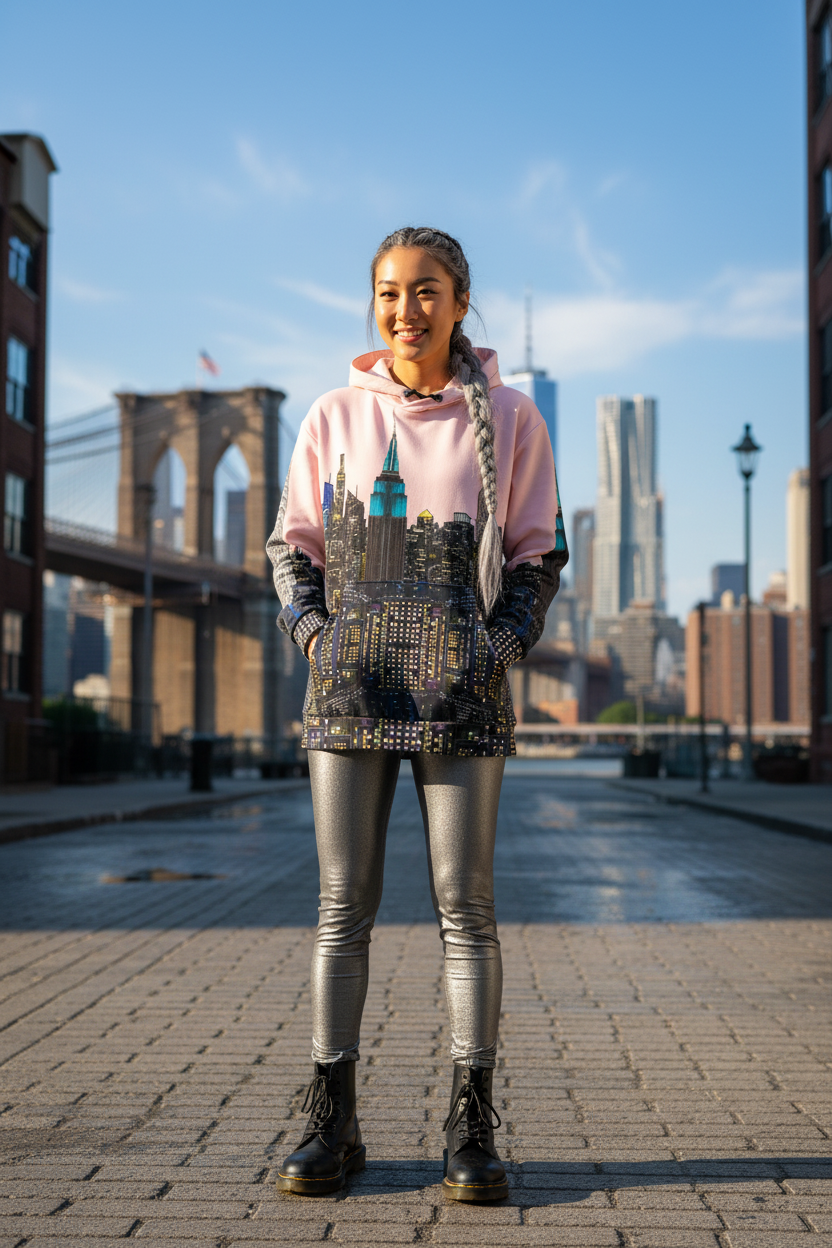 Person wearing a pink Loria NYC Art hoodie with a cityscape design and silver pants standing on a bridge with a city skyline in the background.