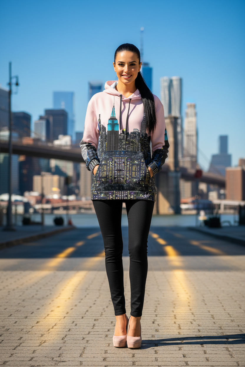 Woman in a cityscape Loria NYC Art hoodie with a city skyline in the background