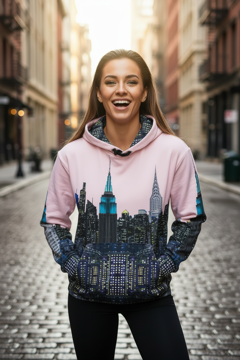 Woman wearing a hoodie with a cityscape Loria NYC Art design on a street