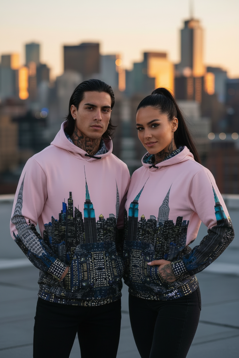 Two people wearing matching pink hoodies with cityscape Loria NYC Art design against a city skyline at sunset.