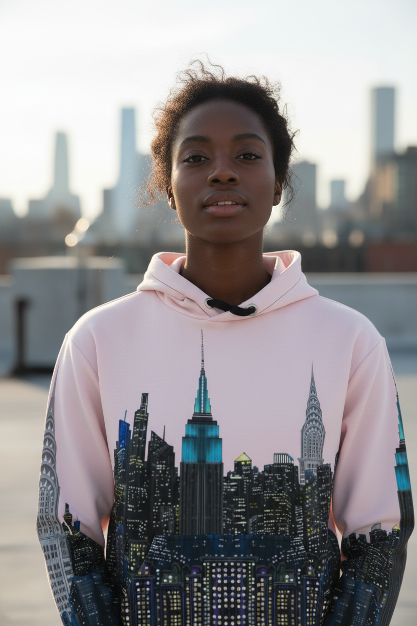 Person wearing a hoodie with a Loria NYC Art cityscape design on a rooftop with a city skyline in the background.