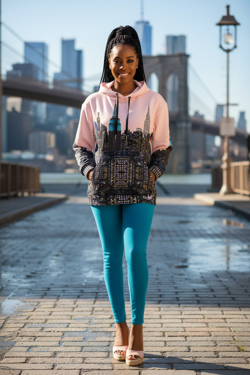 Woman wearing a pink Loria NYC Art hoodie with blue leggings in front of the Brooklyn Bridge.