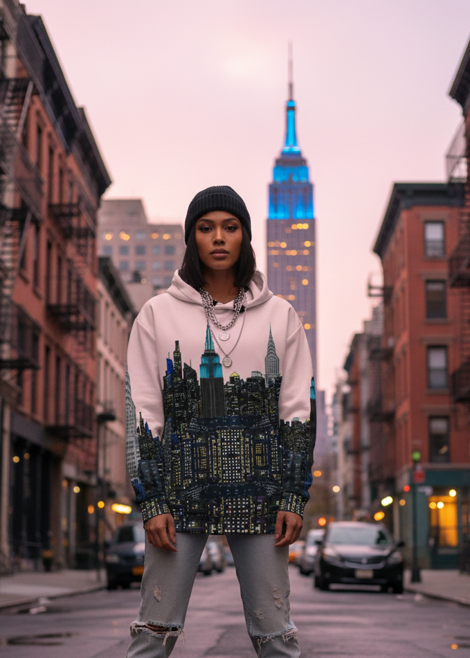 Person wearing a Loria NYC Art hoodie with a cityscape design on a city street with the Empire State Building in the background.