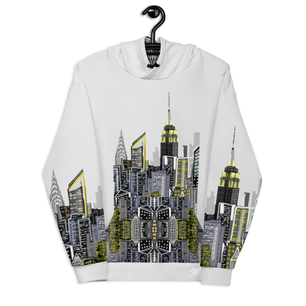 Sweatshirt with cityscape Loria NYC Art design on a hanger against a white background