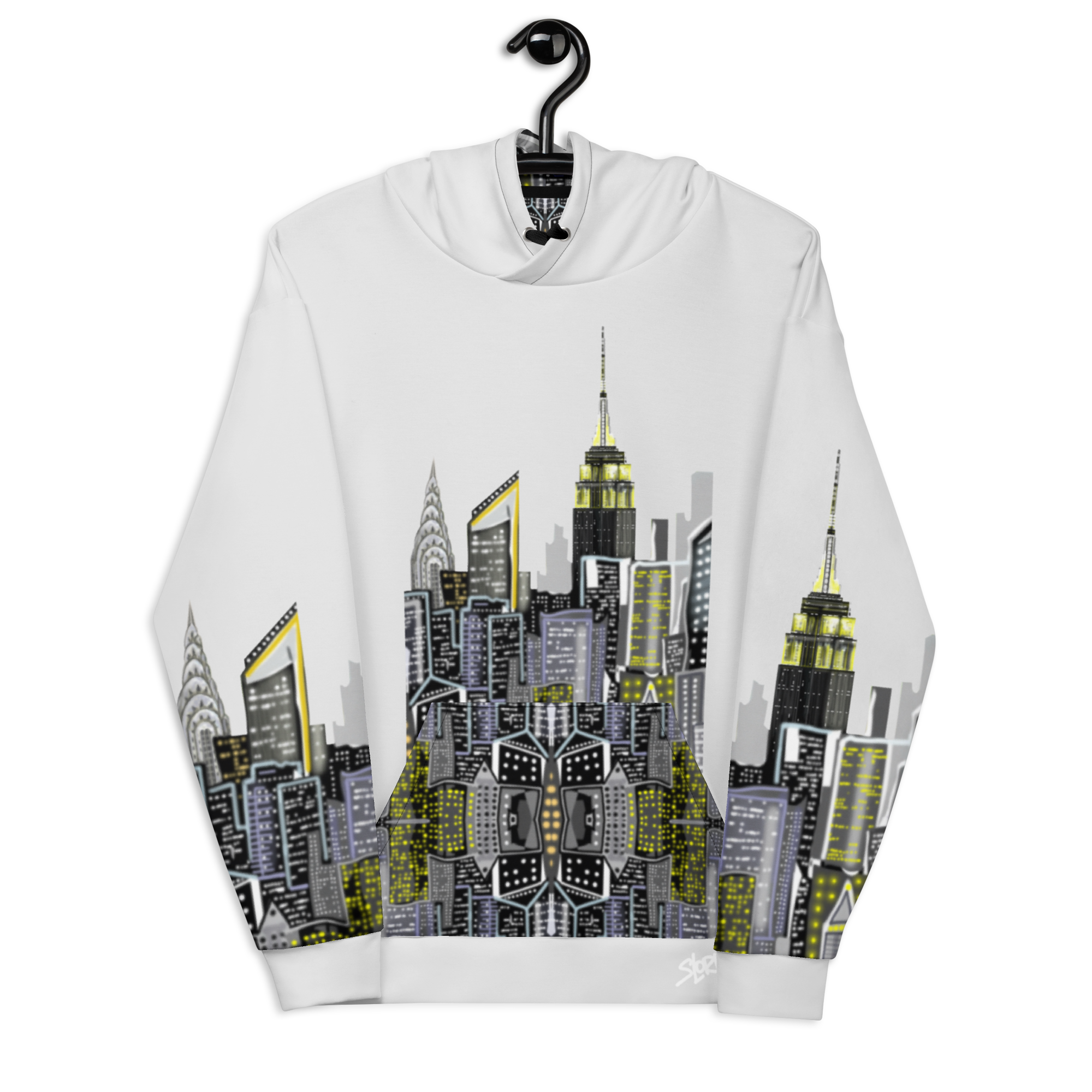Sweatshirt with cityscape Loria NYC Art design on a hanger against a white background