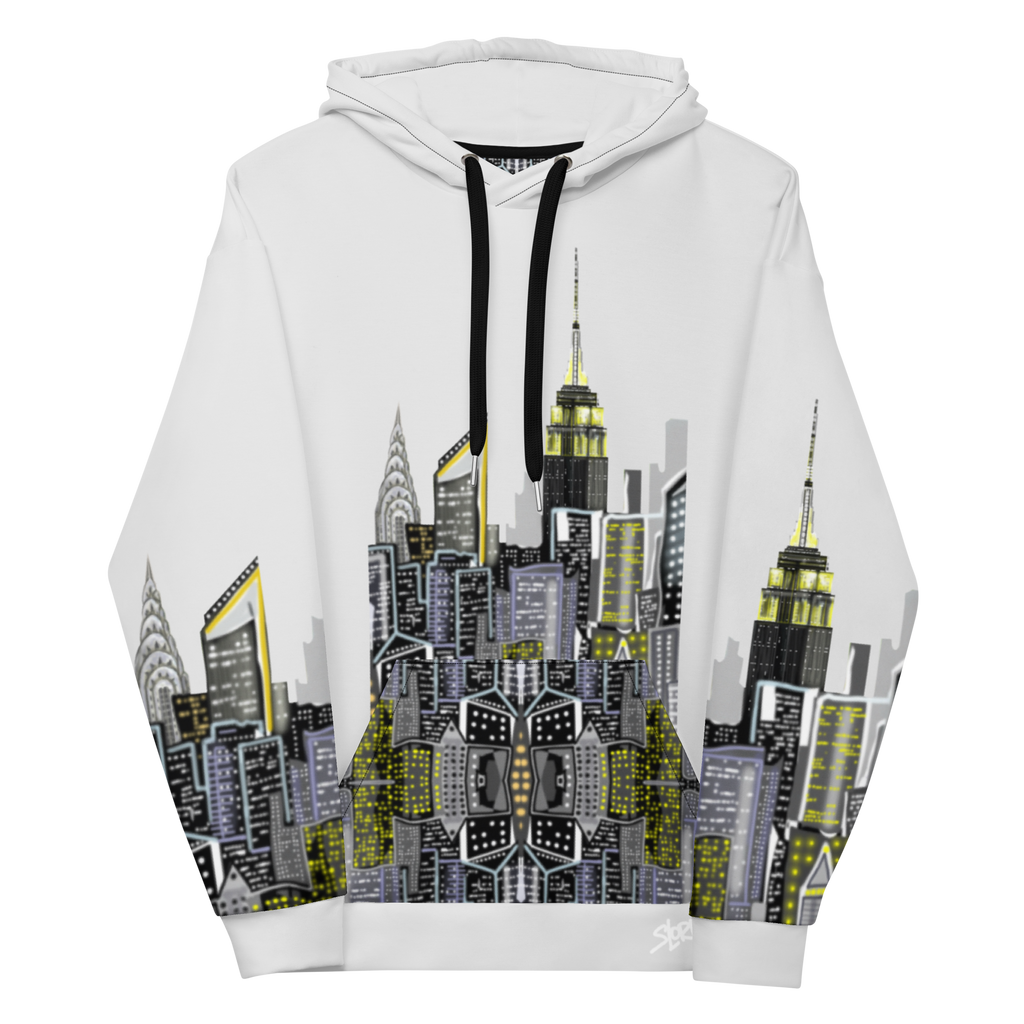 White hoodie with cityscape Loria NYC Art design on a white background