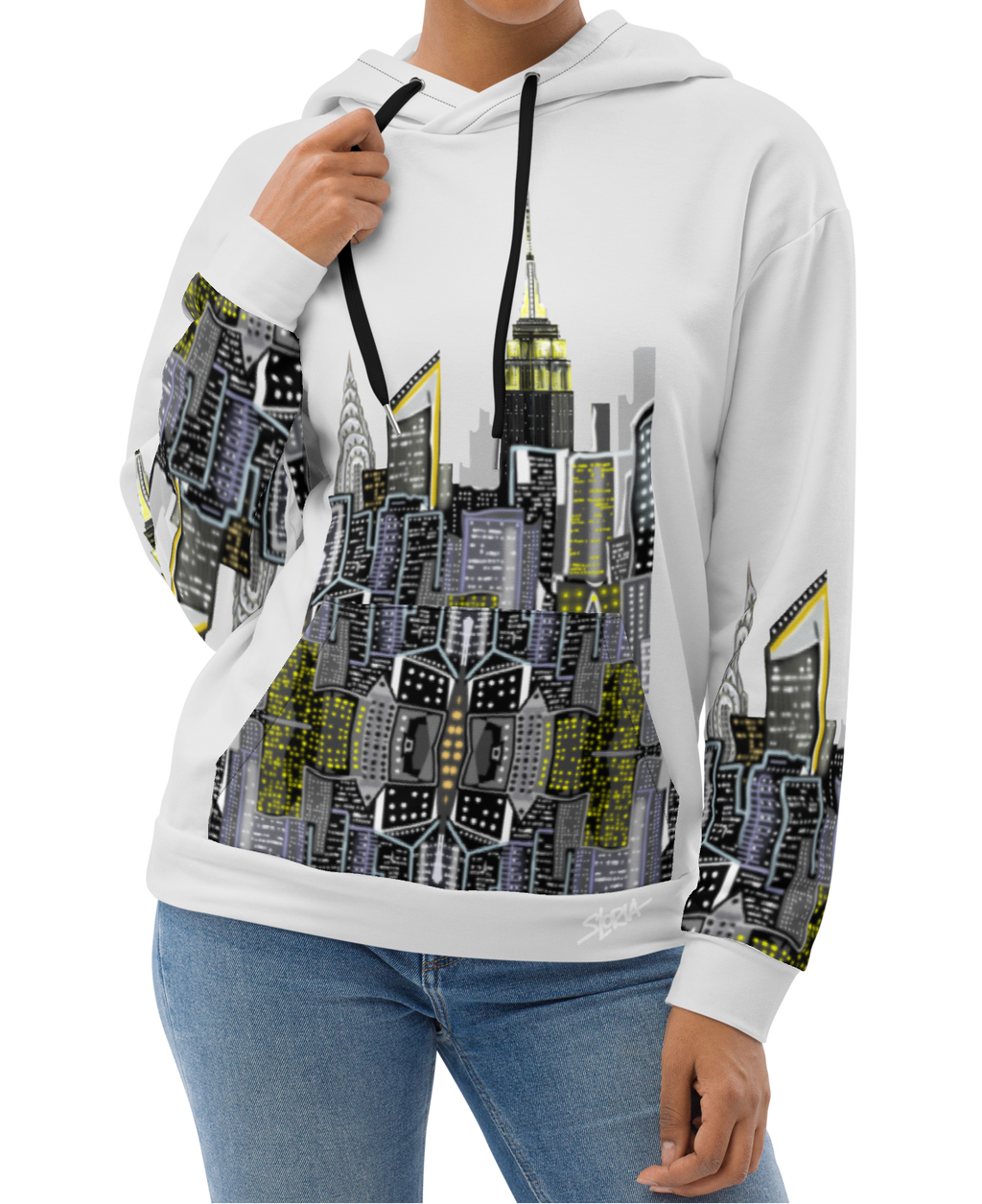 Woman wearing a white hoodie with Loria NYC Art cityscape design on a white background