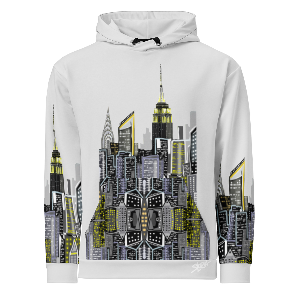 White hoodie with cityscape Loria NYC Art design on a white background