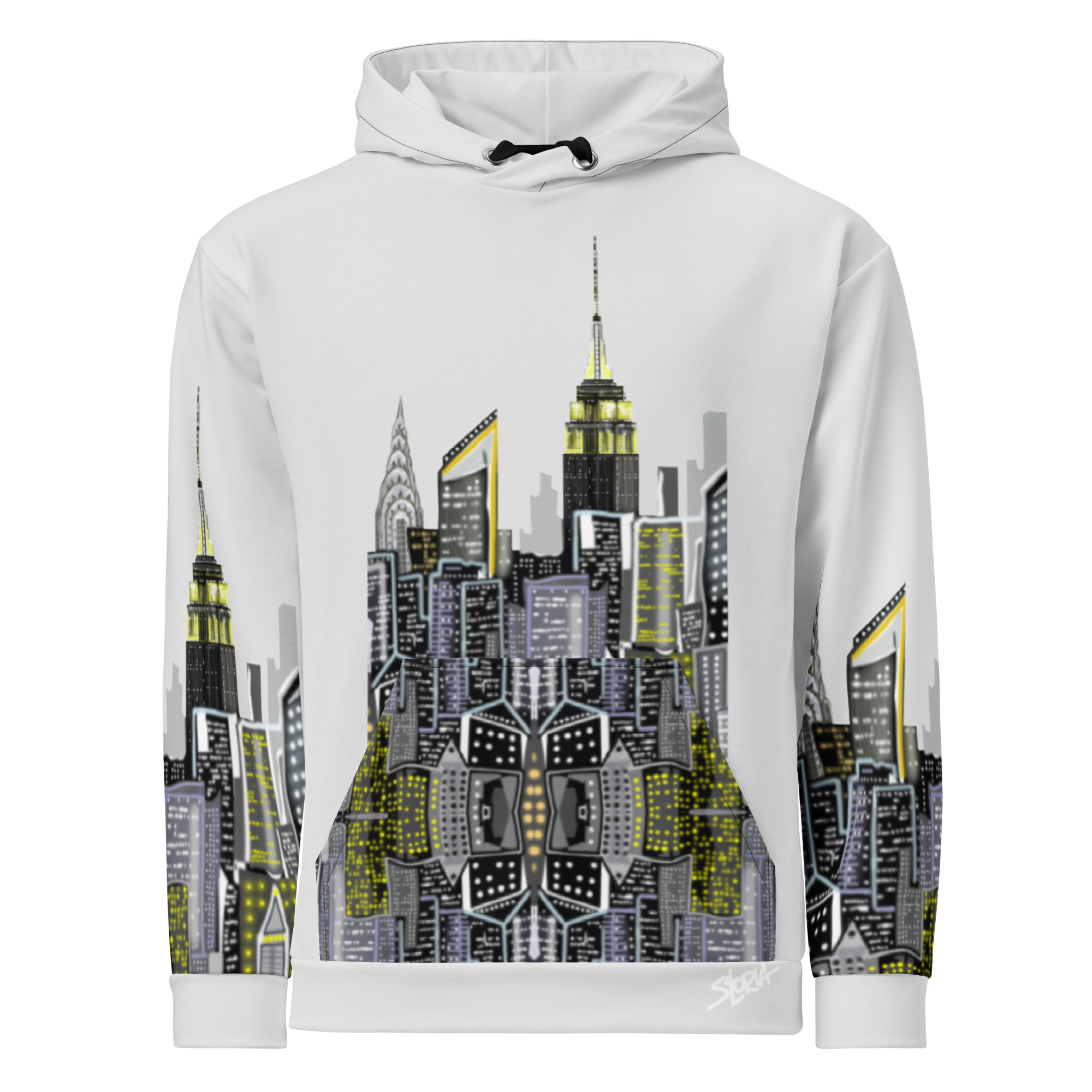 White hoodie with cityscape Loria NYC Art design on a white background