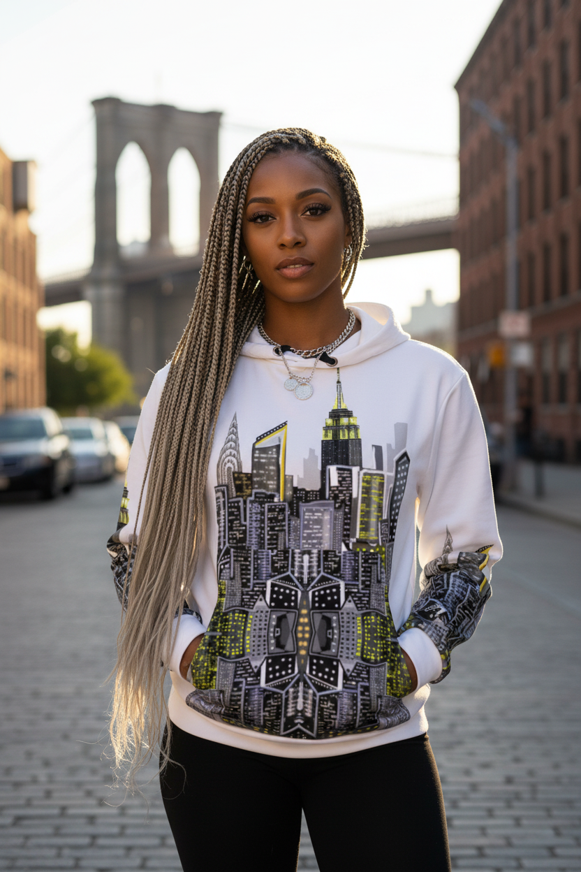 Woman wearing a hoodie with a Loria NYC Art cityscape design in an urban setting