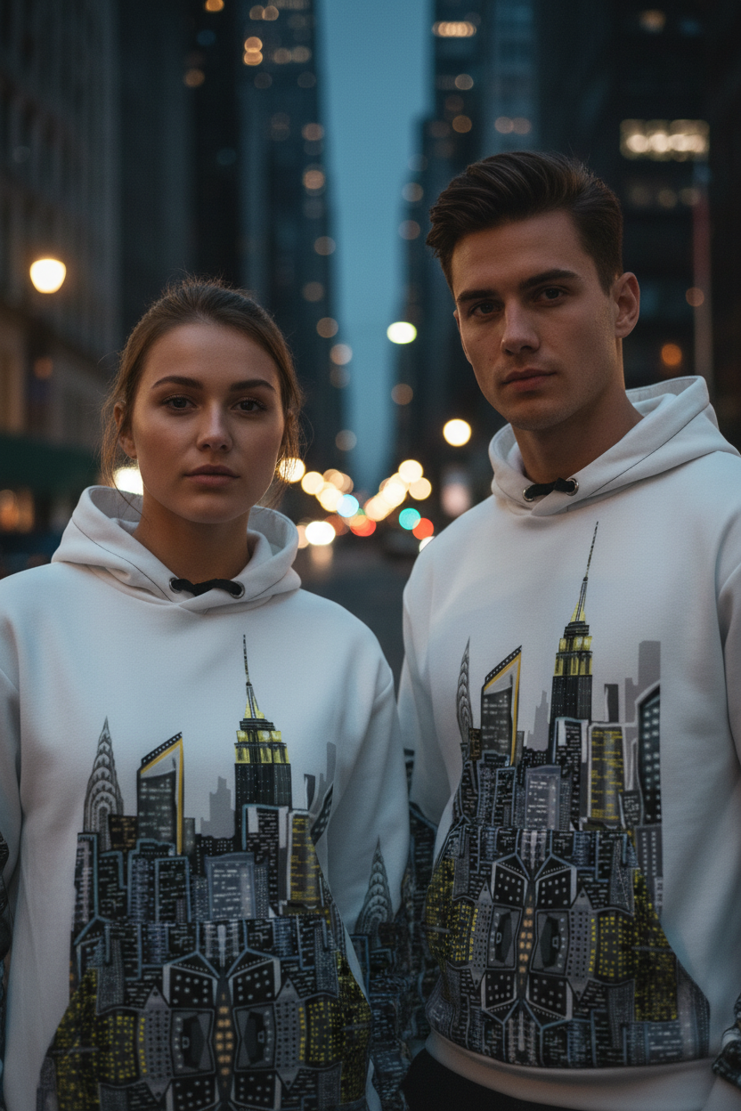 Two people wearing matching white Loria NYC Art hoodies in an urban setting.