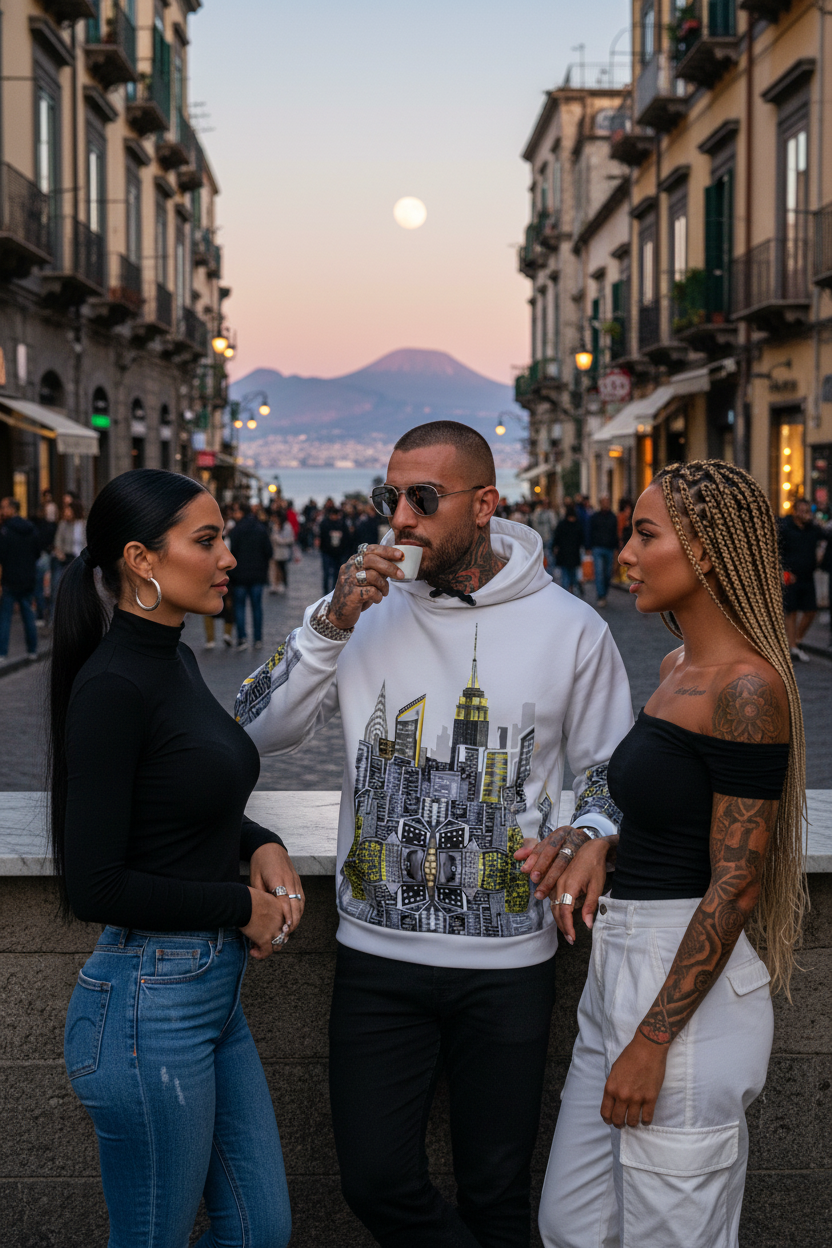 Three people talking and man drinking coffee wearing a white Loria NYC Art hoodie in a European setting.