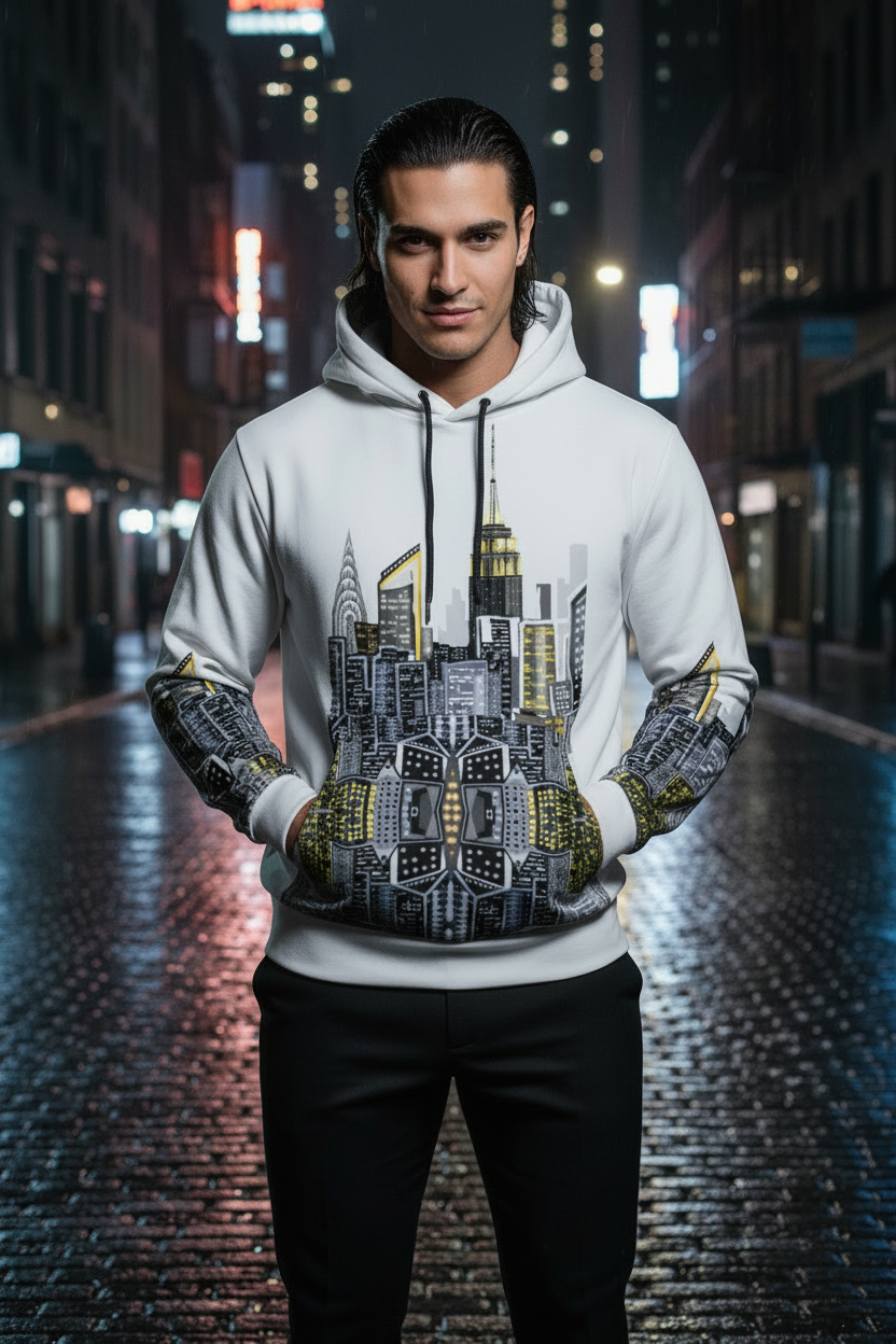 Man wearing a white Loria NYC Art hoodie in an evening setting.