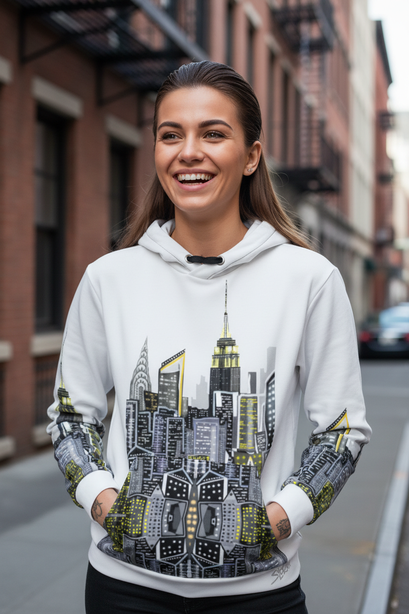 Woman wearing a hoodie with a Loria NYC Art cityscape design on a street.