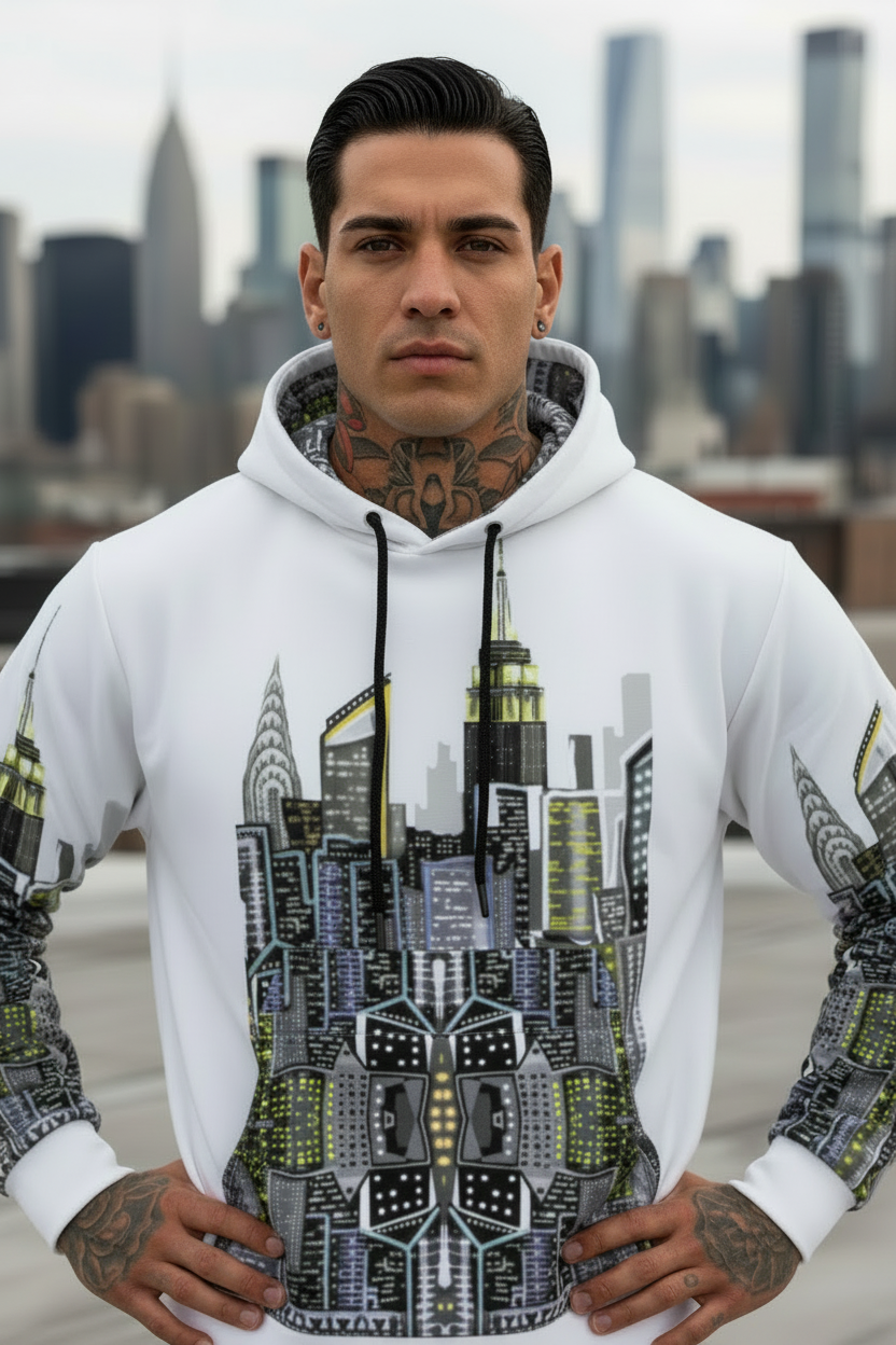 Person wearing a white hoodie with cityscape Loria NYC Art design against a city skyline.
