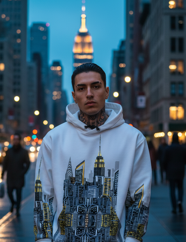 Man wearing a Loria NYC hoodie with a cityscape design in an urban setting at night.