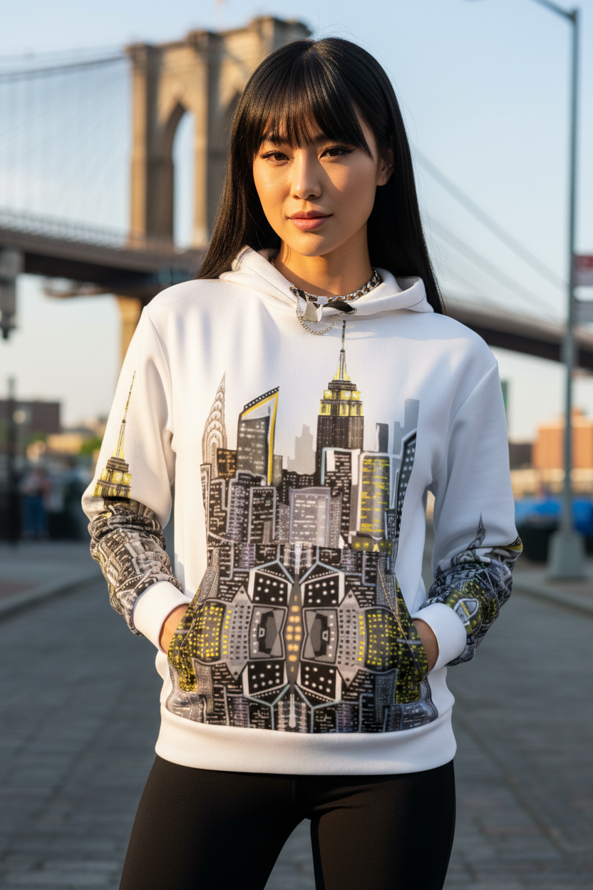 Woman wearing a hoodie with a cityscape Loria NYC Art design in front of the Brooklyn Bridge.