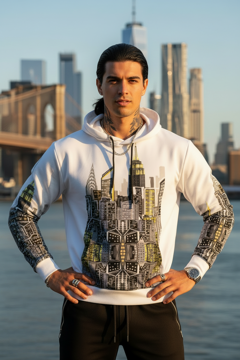 Man wearing a white hoodie with a cityscape Loria NYC Art design, standing in front of a city skyline.