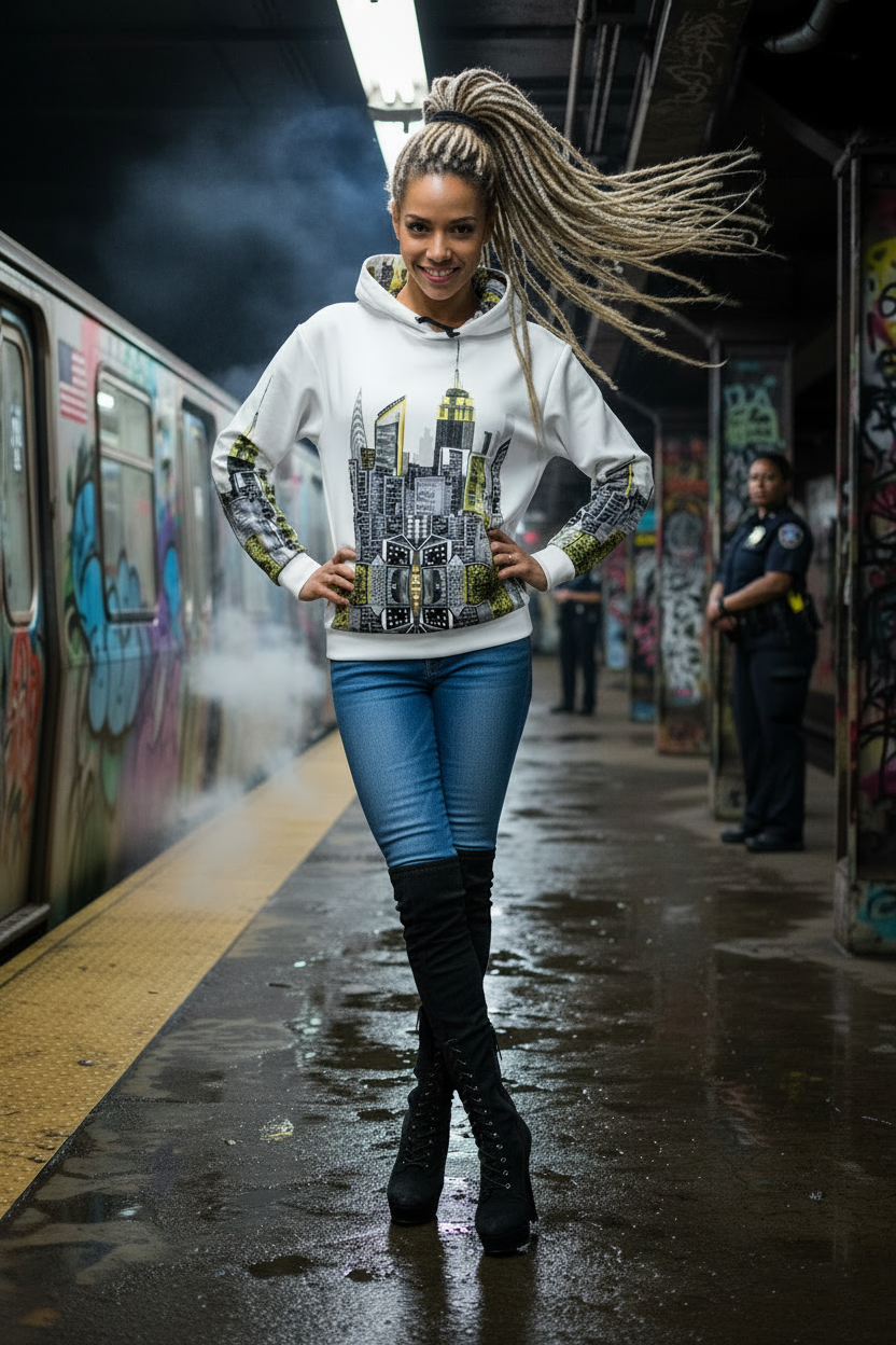 Woman in a subway station wearing a hoodie with a Loria NYC Art graphic design
