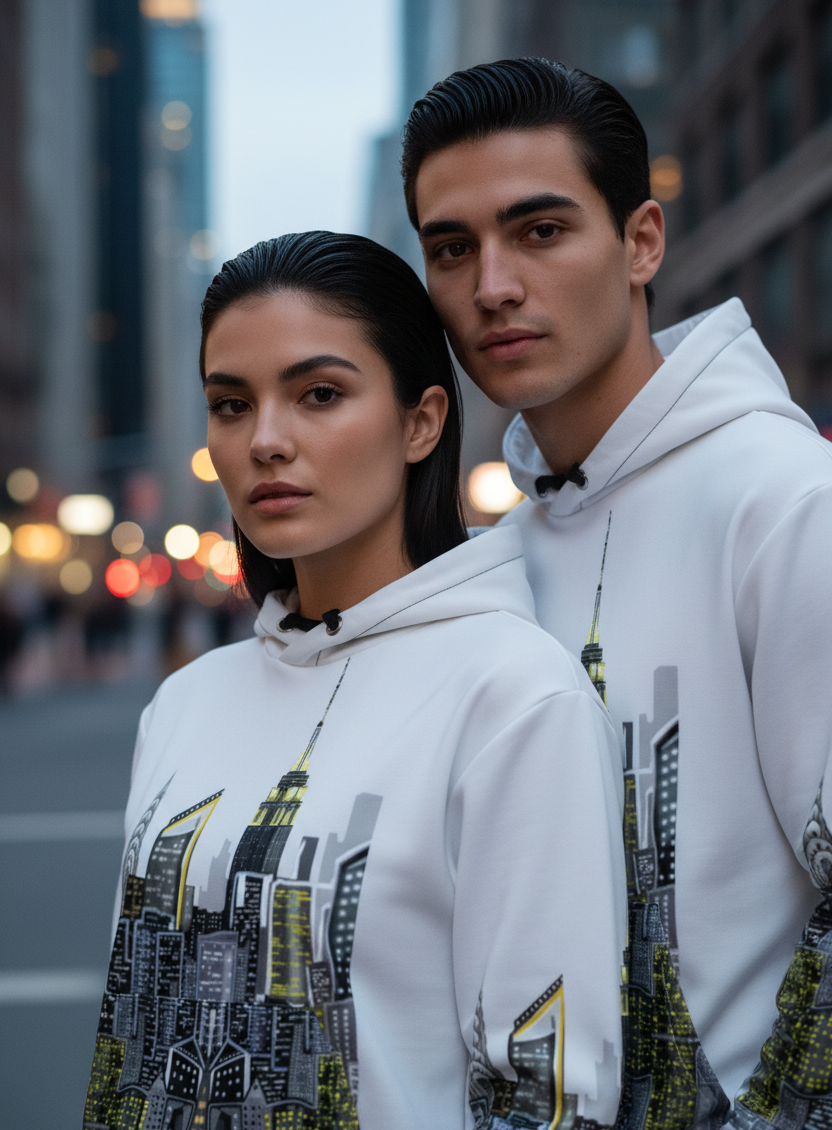 A couple wearing matching Loria NYC Art hoodies in an urban setting.