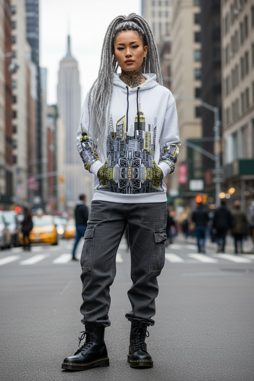 Person wearing a hoodie with a cityscape Loria NYC Art design on a city street.