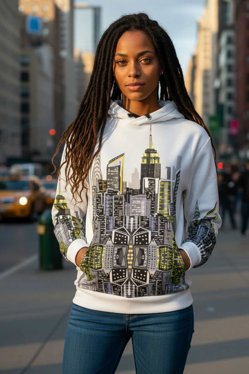 Woman wearing a Loria NYC Art hoodie with cityscape design on a street