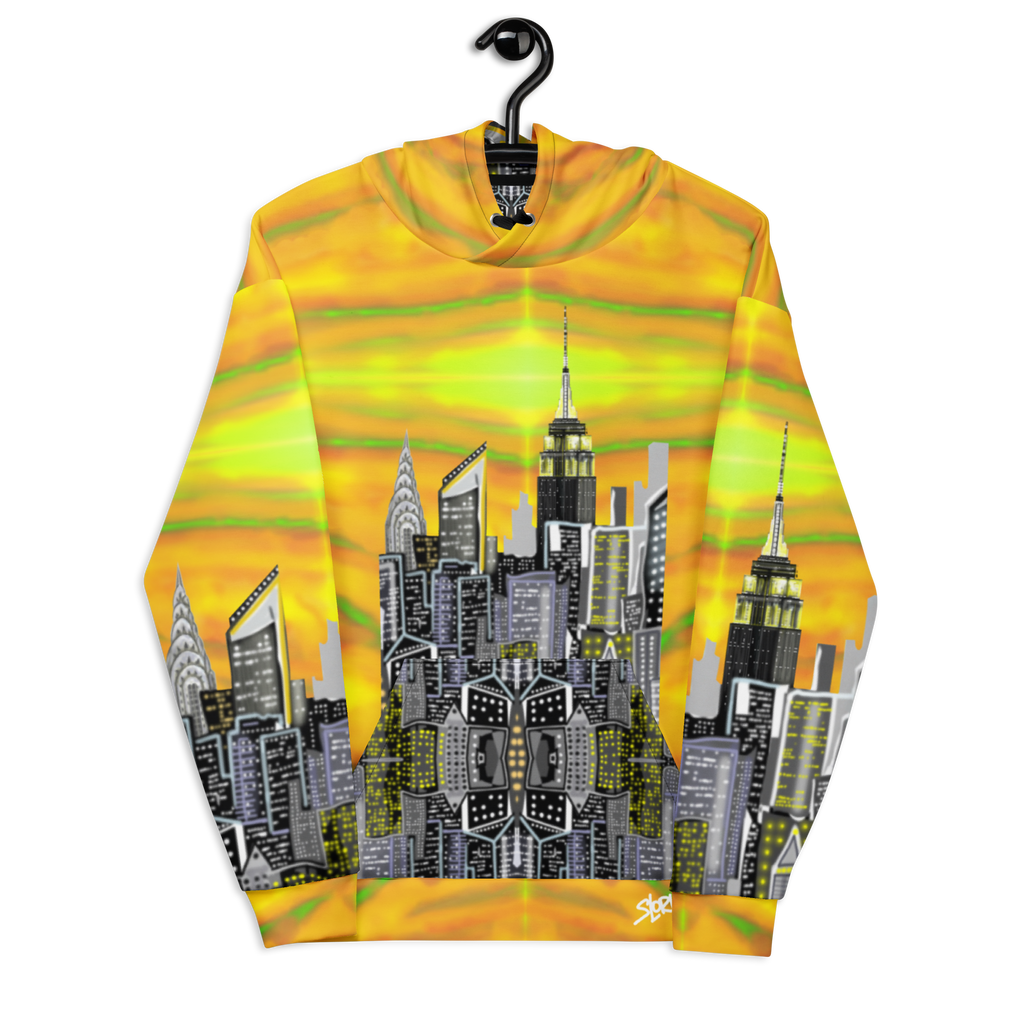 Sweatshirt with cityscape Loria NYC Art design on a hanger against a white background