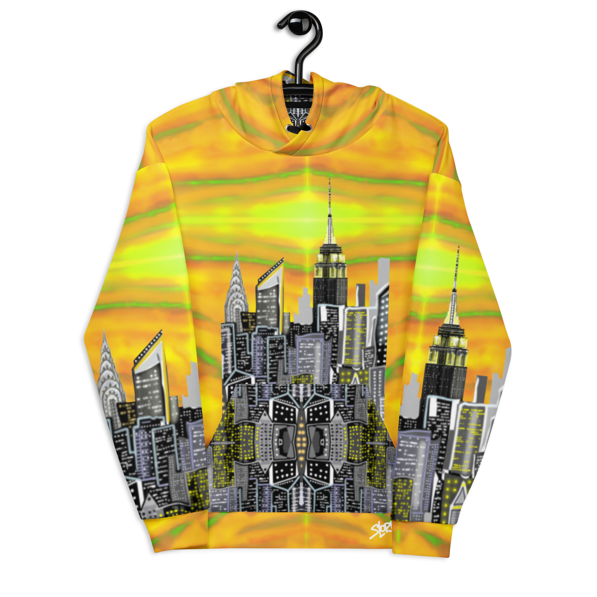 Sweatshirt with cityscape Loria NYC Art design on a hanger against a white background