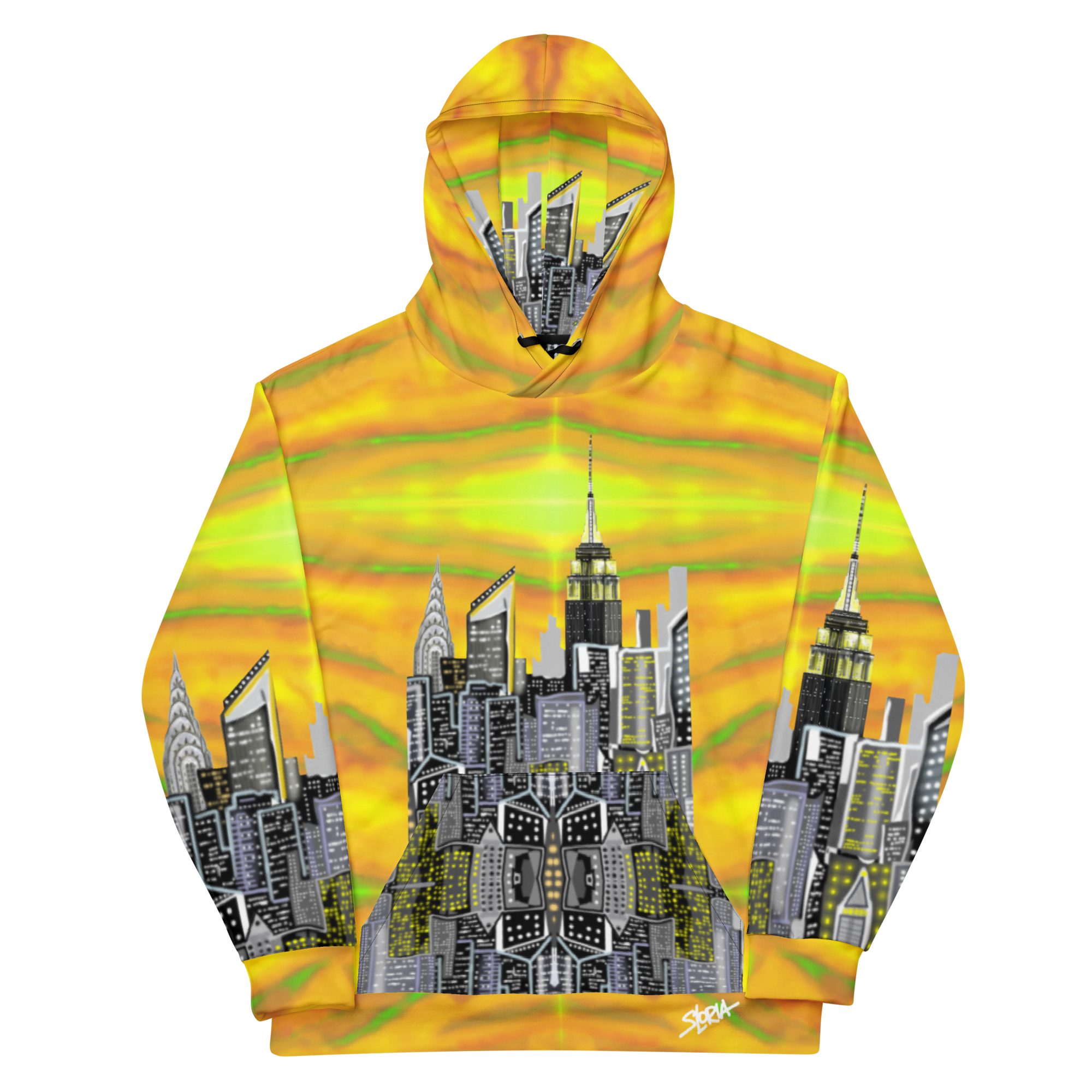 Hoodie with cityscape Loria NYC Art design on a yellow and green tie-dye background