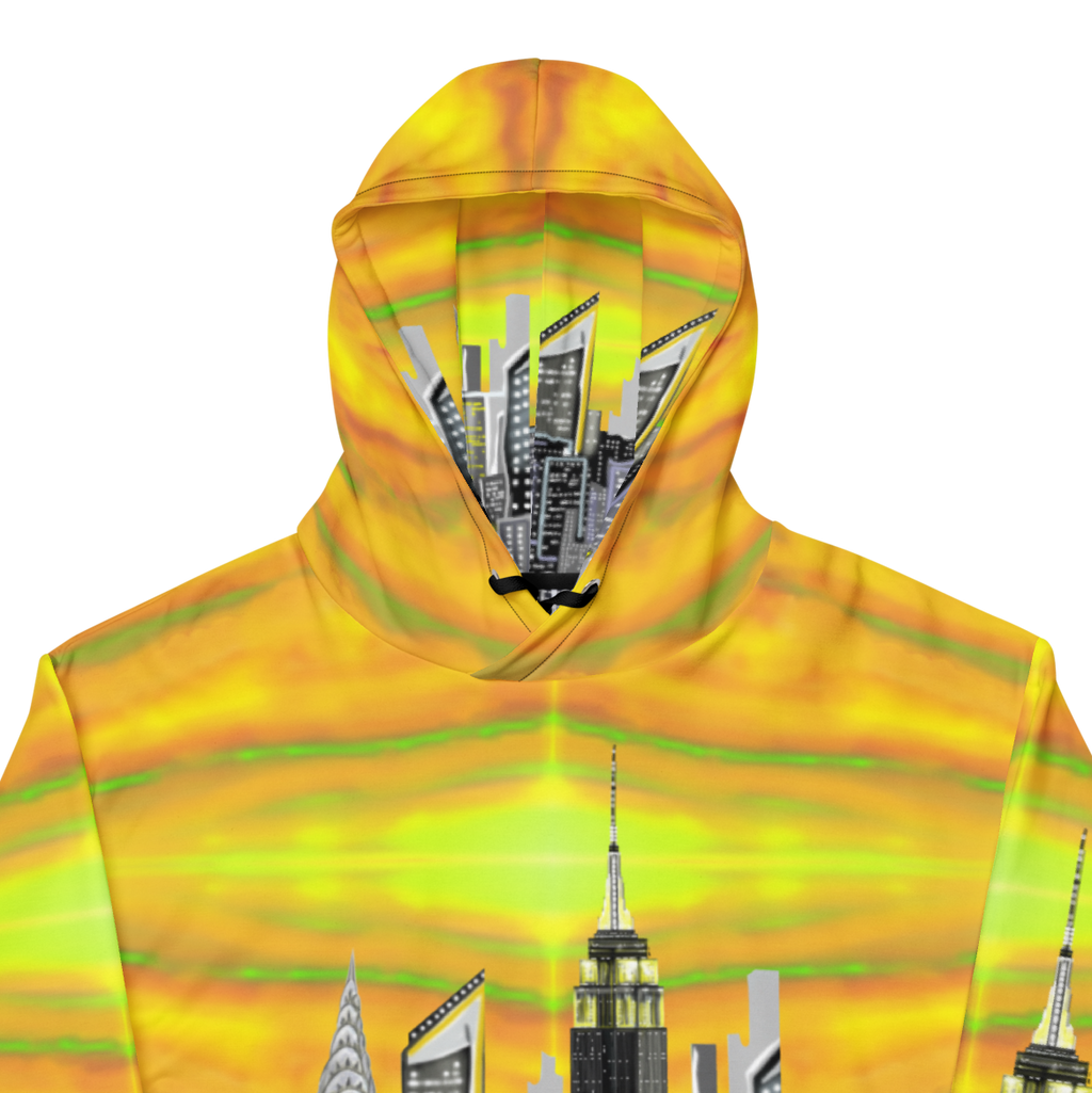 Vibrant yellow Loria NYC Art hoodie shown on white background.