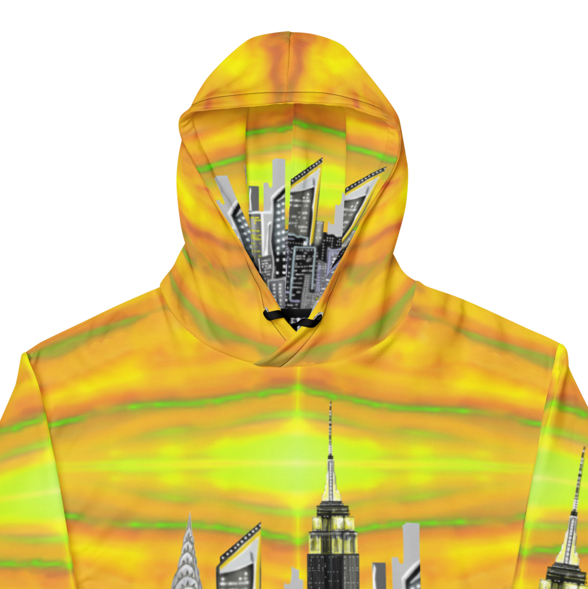 Vibrant yellow Loria NYC Art hoodie shown on white background.