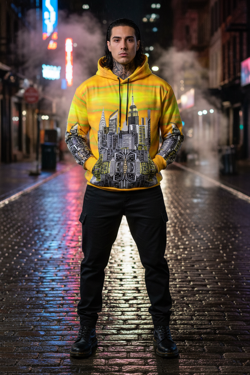 Person wearing a yellow hoodie with a cityscape Loria NYC Art design on a city street at night.