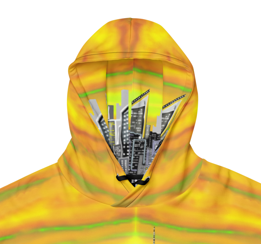 Yellow hooded jacket with a cityscape Loria NYC Art design on a white background