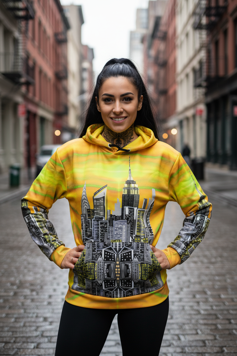 Woman wearing a yellow hoodie with a cityscape Loria NYC Art design on a city street