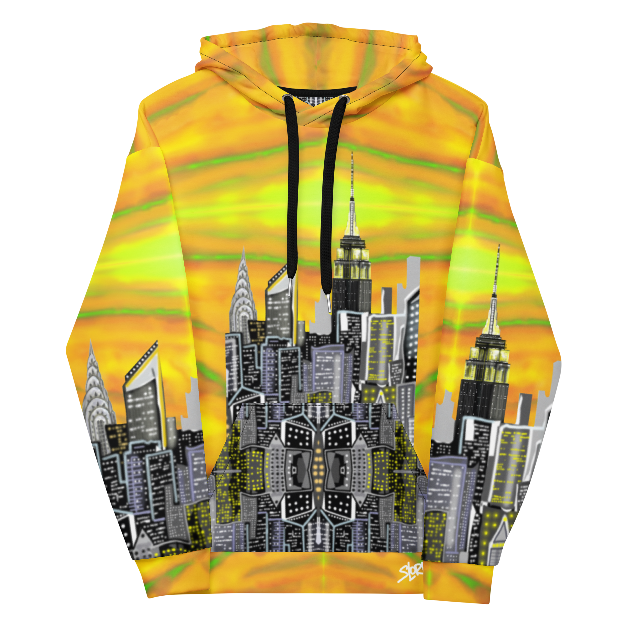 Hoodie with cityscape Loria NYC Art design on a yellow and green abstract background