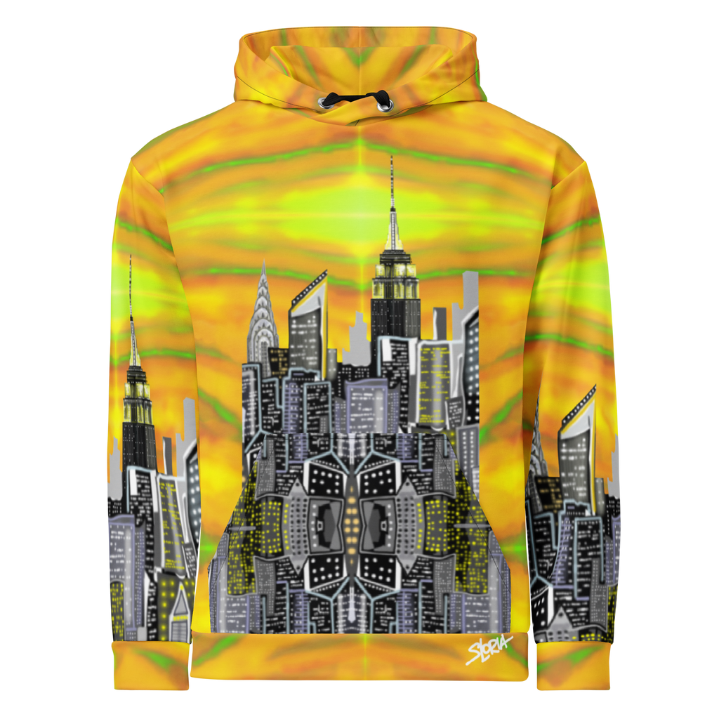 Hoodie with a cityscape Loria NYC Art design on a yellow and green abstract background