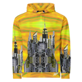 Hoodie with a cityscape Loria NYC Art design on a yellow and green abstract background