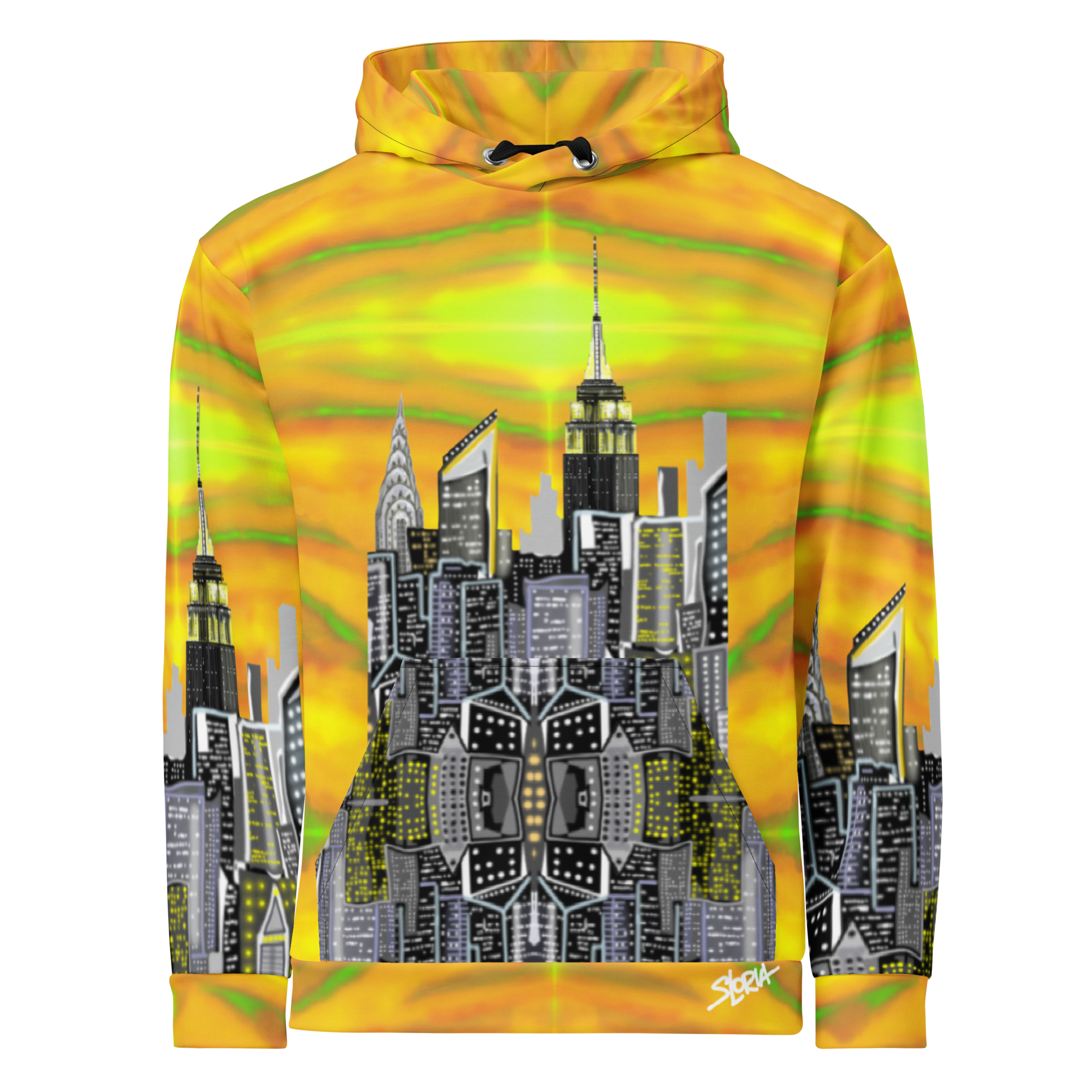 Hoodie with a cityscape Loria NYC Art design on a yellow and green abstract background