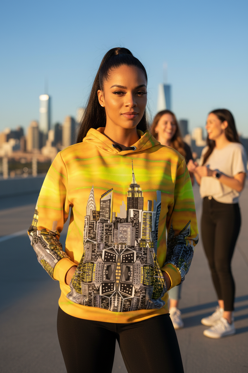 Woman wearing a colorful hoodie with cityscape Loria NYC Art design, standing on a road with a city skyline in the background.