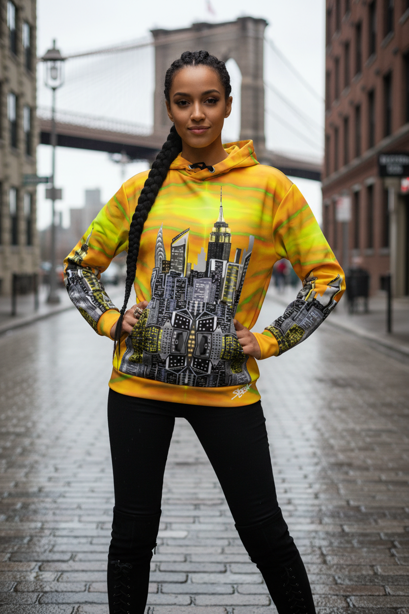 Person wearing a yellow hoodie with cityscape Loria NYC Art design on a city street