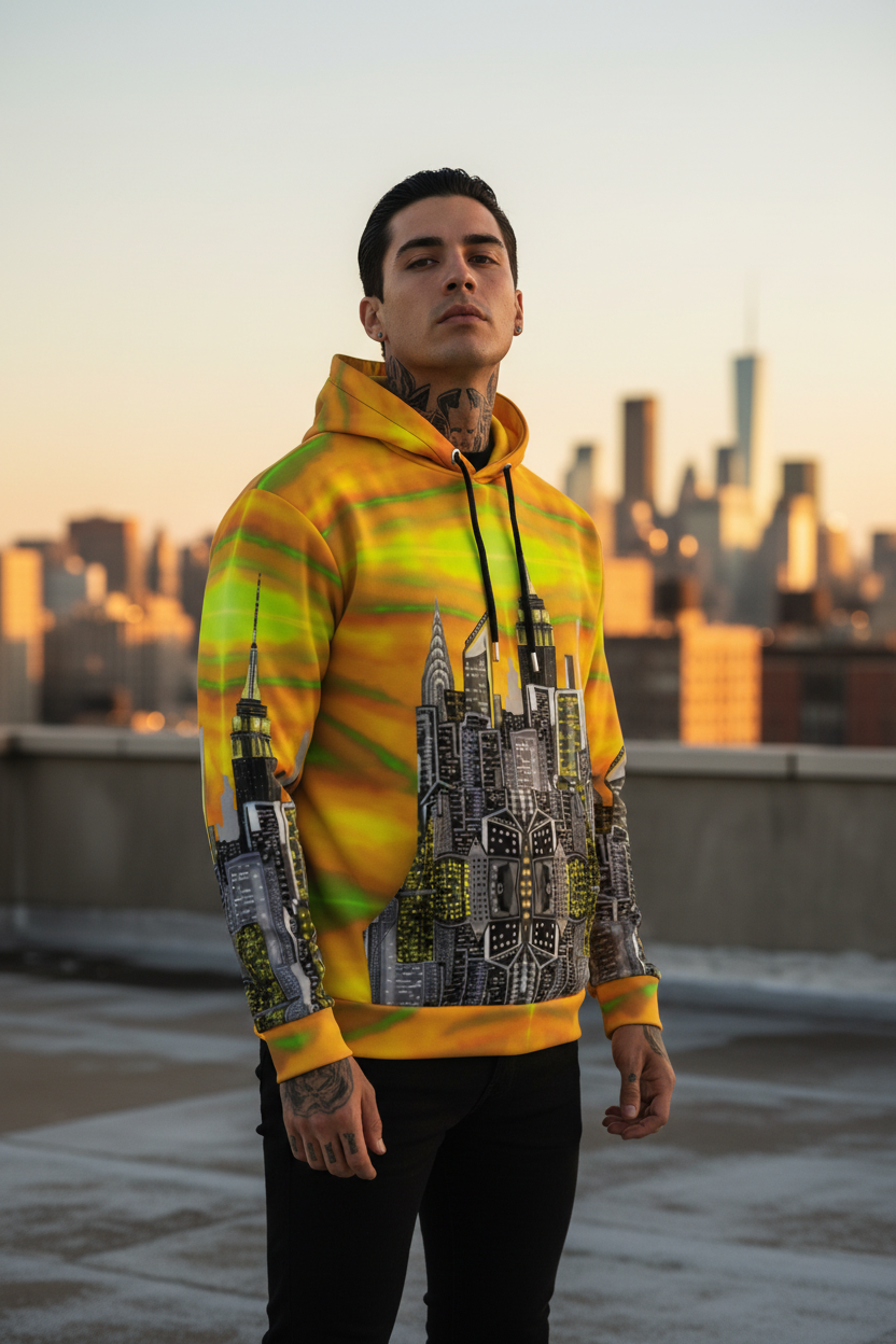 Person wearing a bright yellow hoodie with Loria NYC Art cityscape design on a rooftop with city skyline in the background