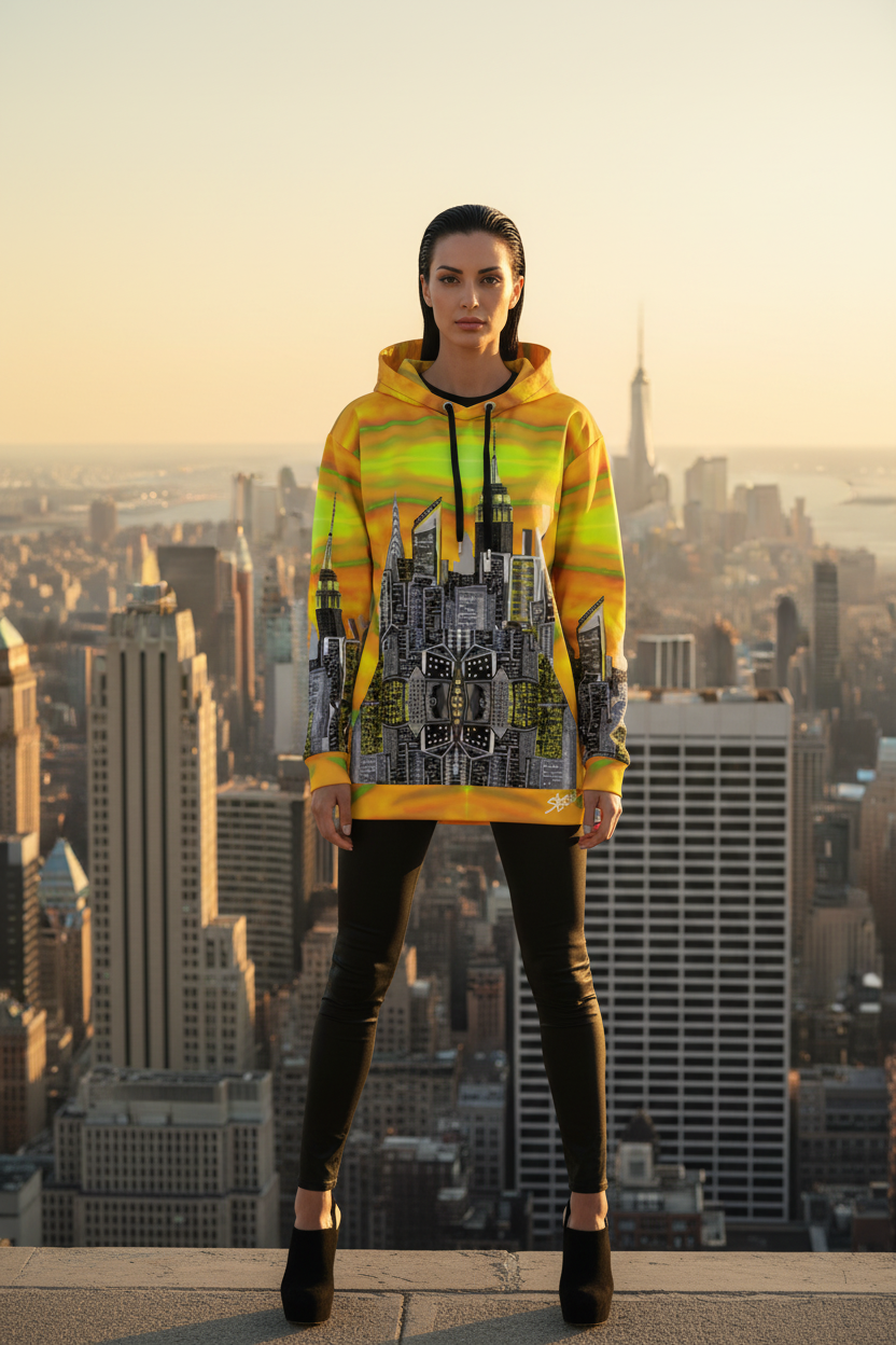 Person on rooftop wearing an orange Loria NYC Art hoodie