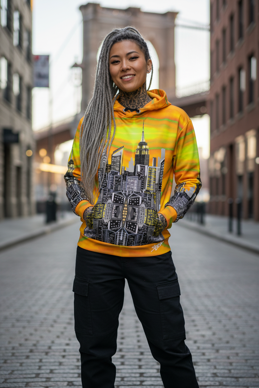 Person wearing a colorful Loria NYC Art hoodie with a cityscape design in an urban setting