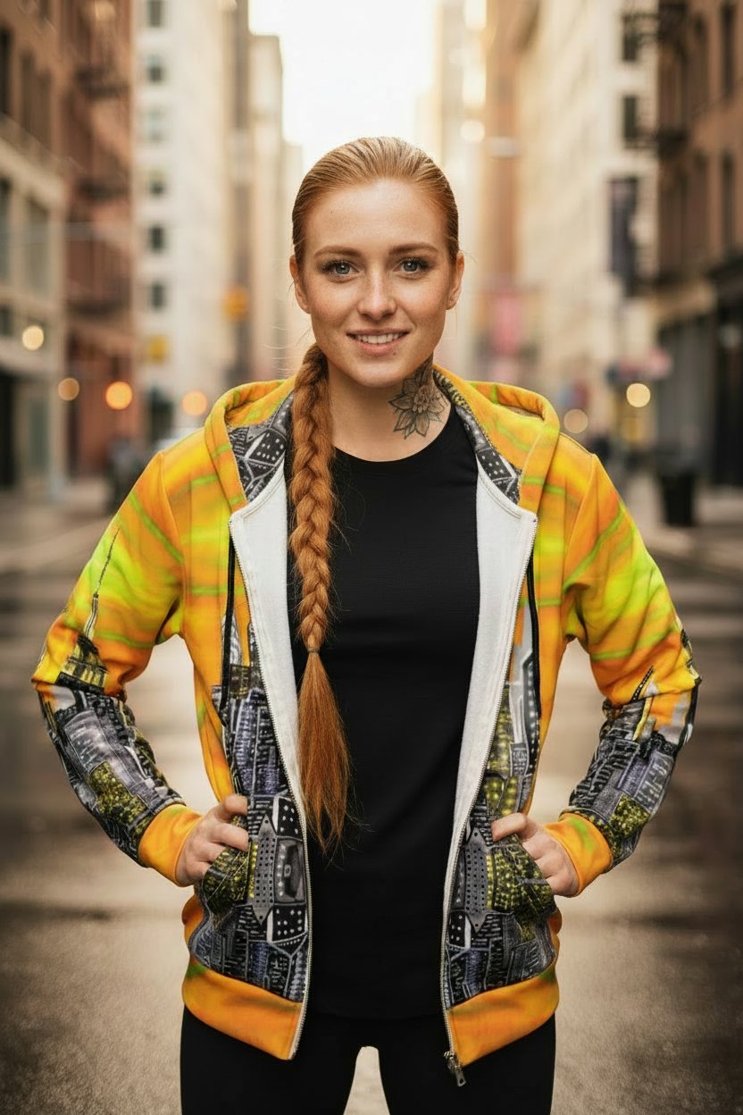 Woman wearing a colorful jacket with a cityscape Loria NYC Art design on a street.