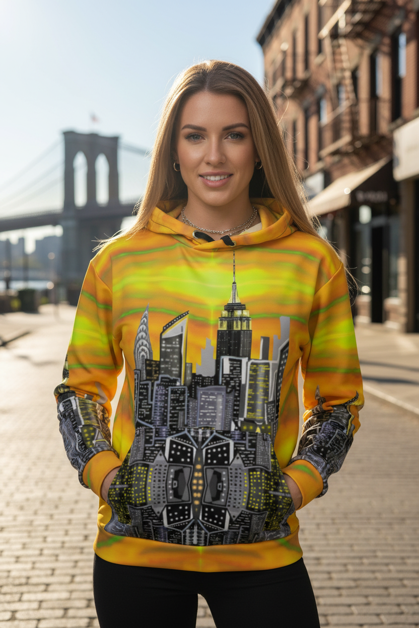 Woman wearing a colorful hoodie with a cityscape Loria NYC Art design, standing on a street with a bridge in the background.