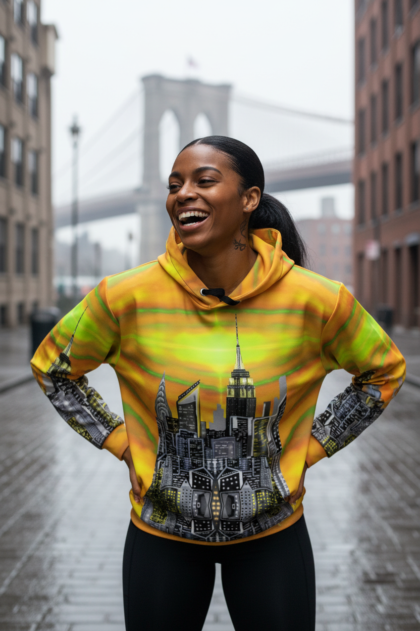 Woman wearing a bright yellow hoodie with a cityscape Loria NYC Art design, standing in an urban setting with a bridge in the background.