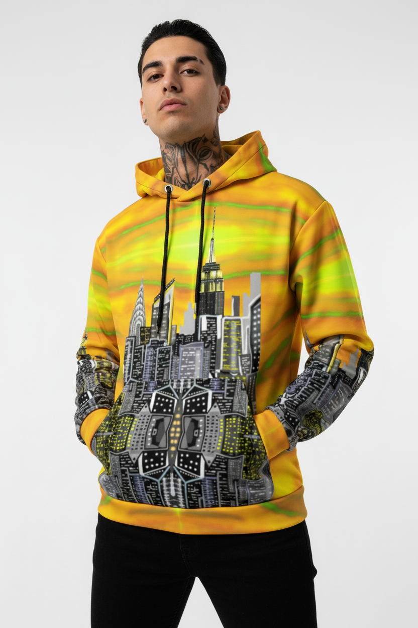 Person wearing a yellow hoodie with a cityscape Loria NYC Art design on a white background