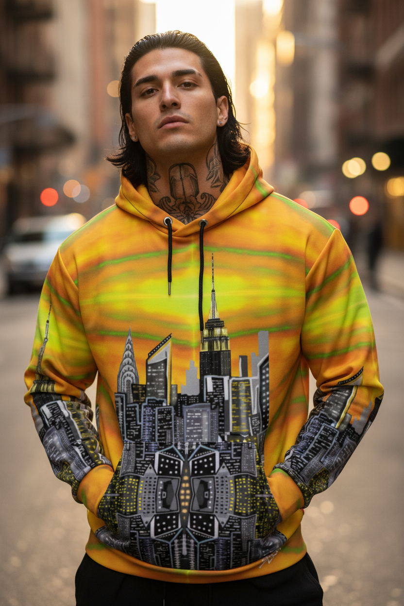 Person wearing a colorful Loria NYC Art hoodie with a cityscape design on a city street.